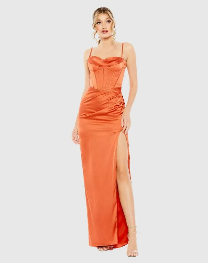 Women Evening Gowns Mac Duggal Bustier Side Ruched Bodycon Gown Burnt Orange