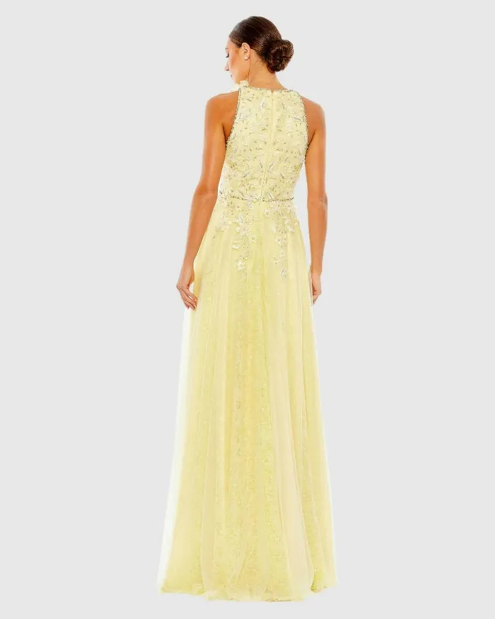 Women Evening Gowns Mac Duggal Embellished High Neck Sleeveless A Line Gown Lemon