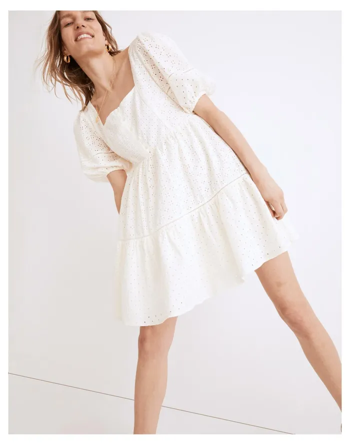 Women Eyelet Mix Tiered Mini Dress Lighthouse Madewell Dresses