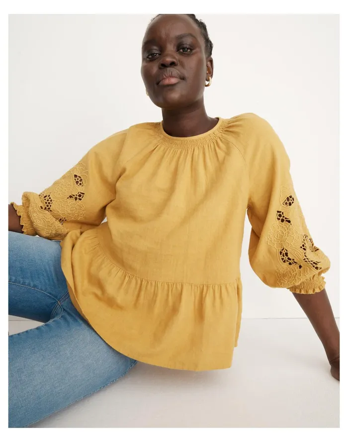 Women Eyelet Peplum Top Earthen Gold Madewell Tops and Shirts