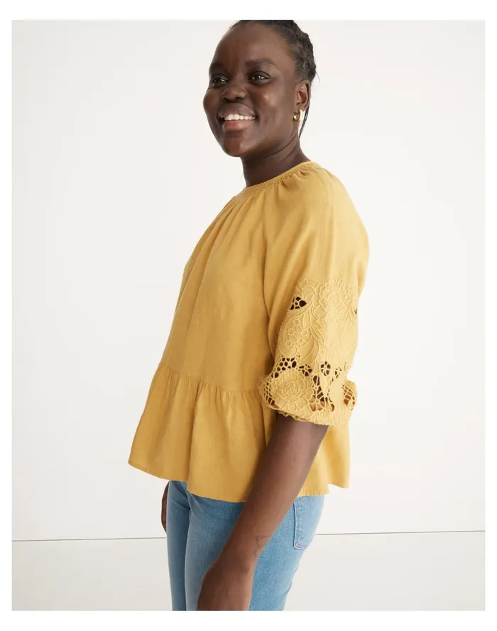 Women Eyelet Peplum Top Earthen Gold Madewell Tops and Shirts Women Eyelet Peplum Top Earthen Gold Madewell Tops and Shirts