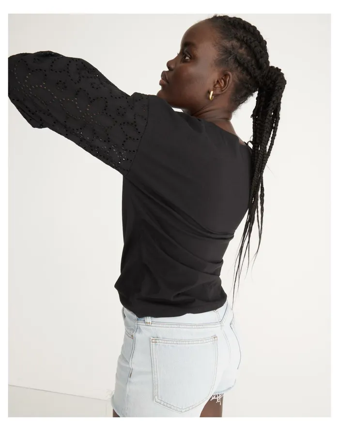 Women Eyelet Sleeve Tee True Black Madewell Tops and Shirts Women Eyelet Sleeve Tee True Black Madewell Tops and Shirts