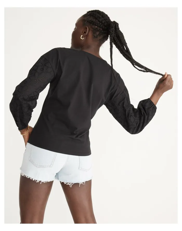 Women Eyelet Sleeve Tee True Black Madewell Tops and Shirts Women Eyelet Sleeve Tee True Black Madewell Tops and Shirts