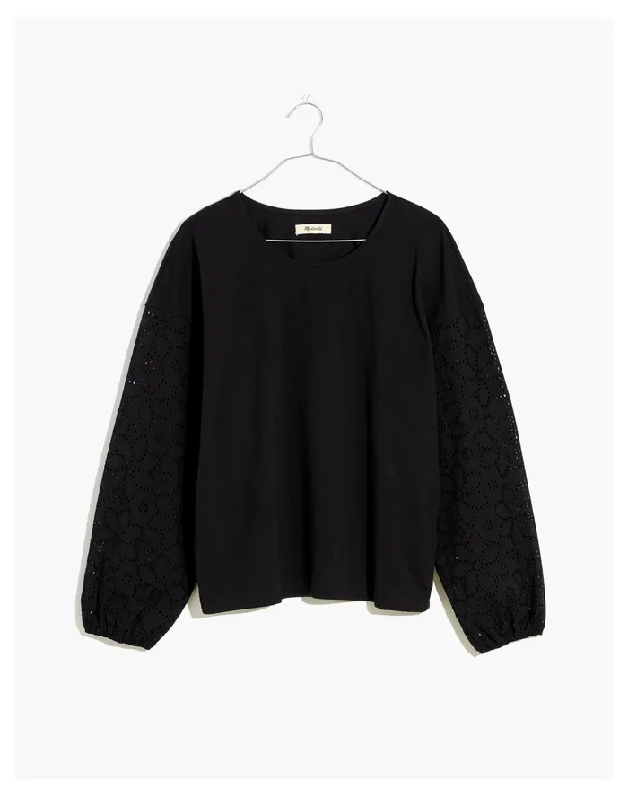 Women Eyelet Sleeve Tee True Black Madewell Tops and Shirts Women Eyelet Sleeve Tee True Black Madewell Tops and Shirts