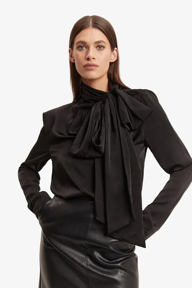 Women Fashion Tops Bardot Castian Satin Blouse In Black Black
