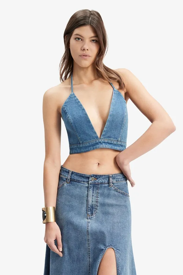 Women Fashion Tops Bardot Zerah Denim Crop Top In Vintage Blue Vintage Blue