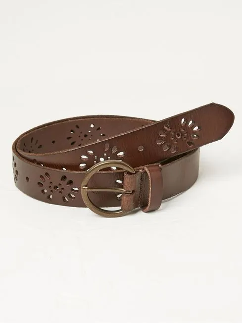 Women Fatface Belts Chocolate Brown Leather Floral Belt