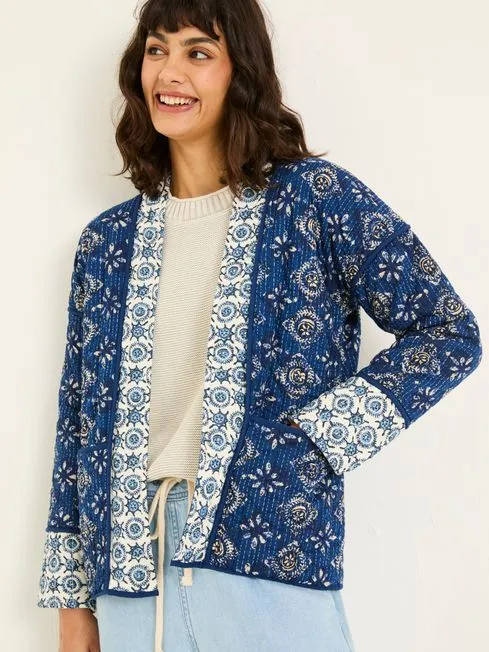 Women Fatface Coats and Jackets Kaia Indigo Blue 100 Cotton Tile Geo Quilted Jacket