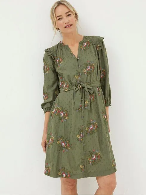 Women Fatface Dresses Green Embroidered Shirt Dress