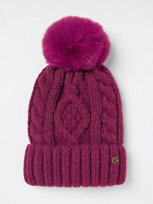 Women Fatface Hats Dark Red Billie Cable Bobble Hat