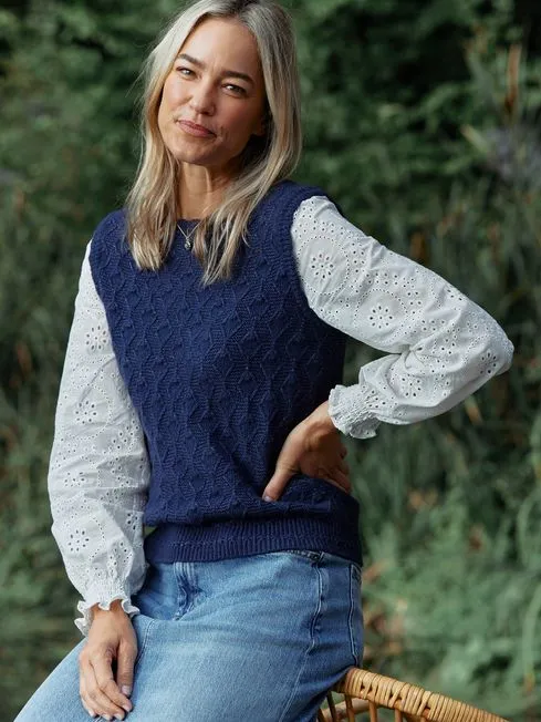 Women Fatface Knitwear Blue Winona 2In1 Knitted Jumper