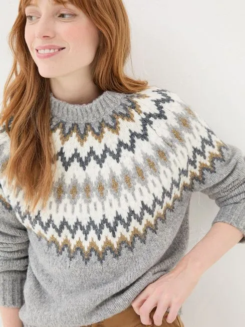 Women Fatface Knitwear Cassie Grey Grey Fair Isle Jumper Women Fatface Knitwear Cassie Grey Grey Fair Isle Jumper