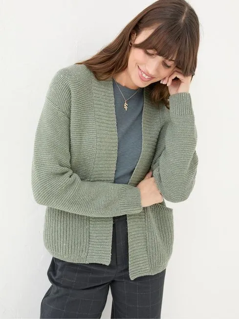 Women Fatface Knitwear Clara Khaki Green Cotton Cardigan
