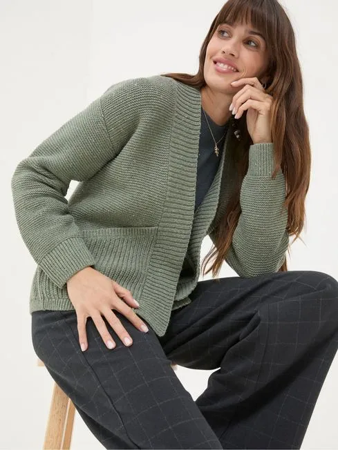Women Fatface Knitwear Clara Khaki Green Cotton Cardigan