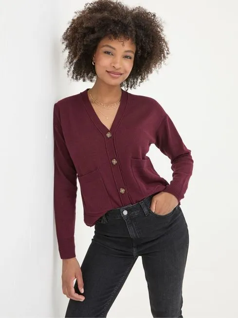 Women Fatface Knitwear Grace Dark Red Cotton Cashmere Blend Cardigan