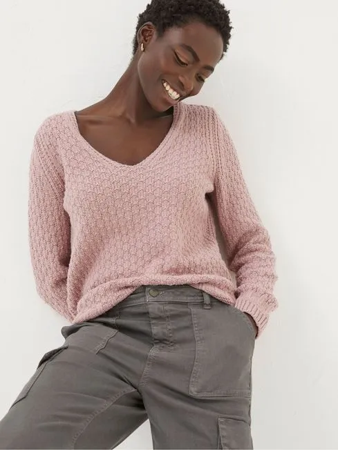Women Fatface Knitwear Josie Pink VNeck Jumper
