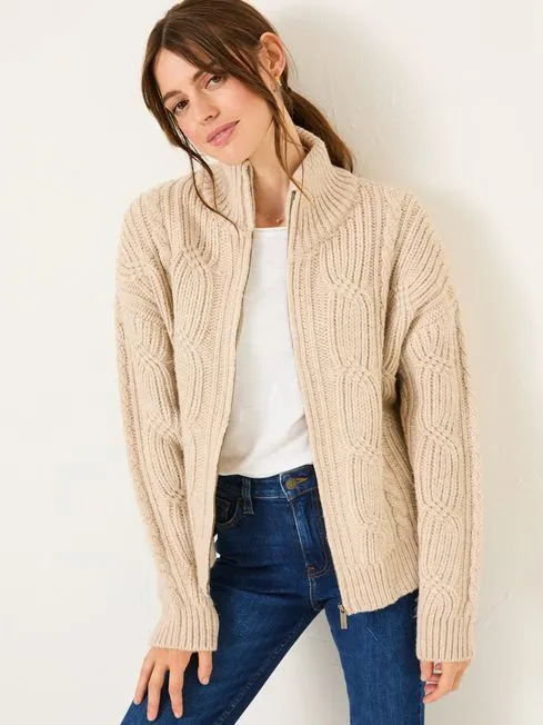 Women Fatface Knitwear Natural Erin Cable Knitted Zip Through Cardigan