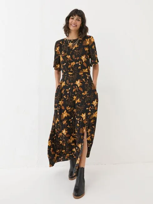 Women Fatface Midi Dresses Black Winona Floral Dress