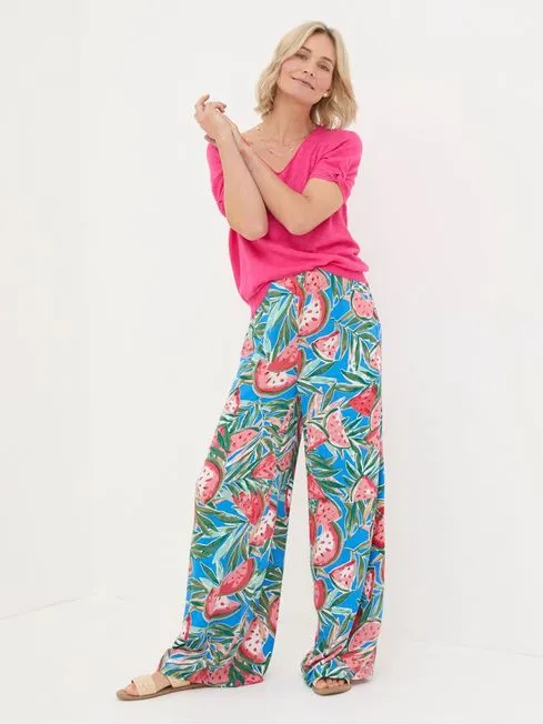 Women Fatface Pants and Leggings Ines Blue Watermelons Wide Leg Trousers