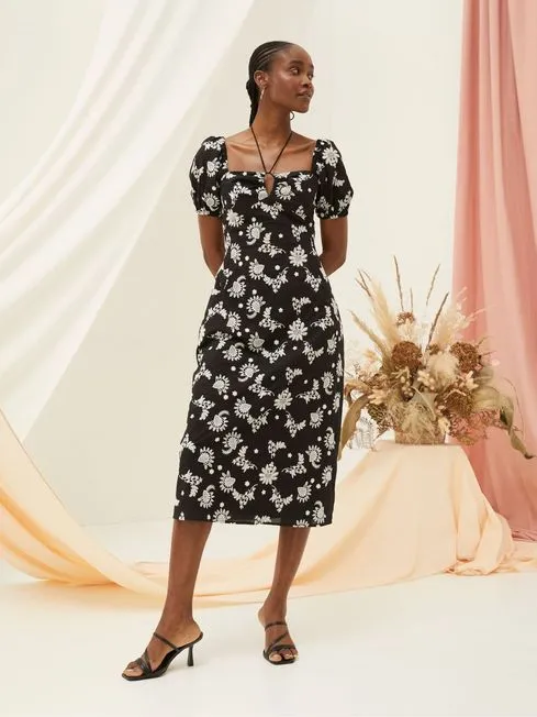Women Fatface Printed Dresses Black Lotus Embroidered Midi Dress Women Fatface Printed Dresses Black Lotus Embroidered Midi Dress
