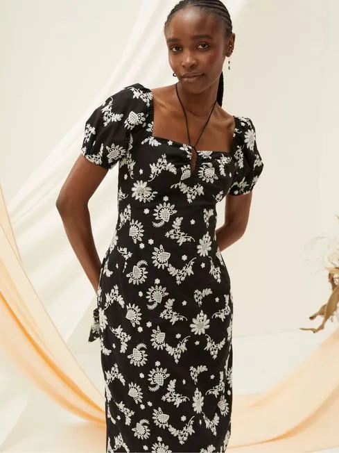 Women Fatface Printed Dresses Black Lotus Embroidered Midi Dress Women Fatface Printed Dresses Black Lotus Embroidered Midi Dress