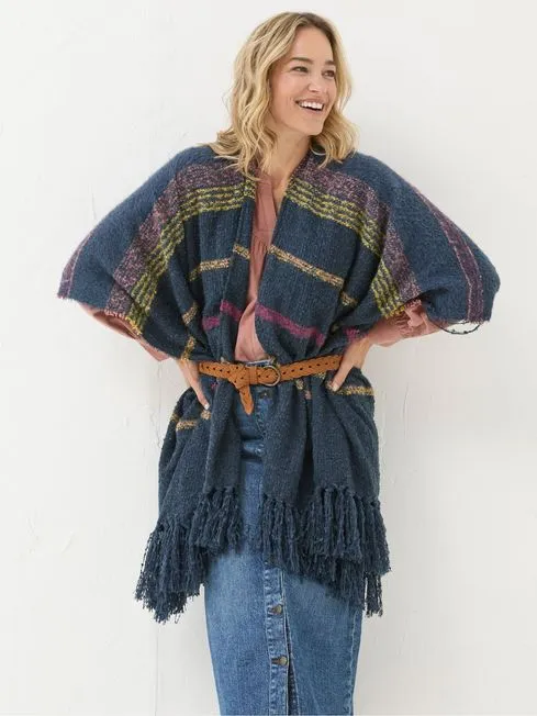 Women Fatface Scarves Navy Stripe Boucle Cape Scarf