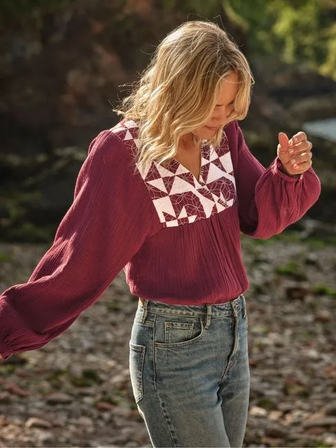 Women Fatface Shirts and Blouses Helena Dark Red Patchwork Blouse