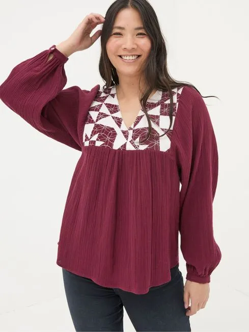 Women Fatface Shirts and Blouses Helena Dark Red Patchwork Blouse