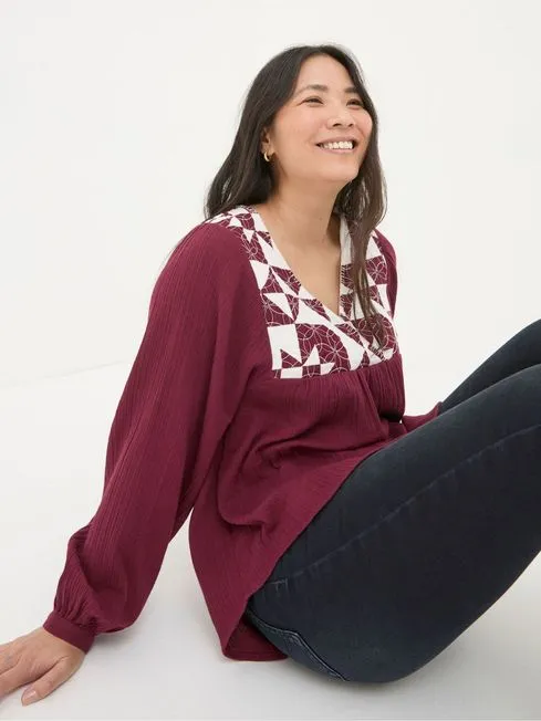 Women Fatface Shirts and Blouses Helena Dark Red Patchwork Blouse