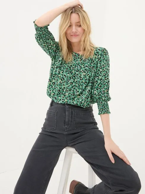 Women Fatface Shirts and Blouses Shelley Emerald Green Floral Marks Blouse