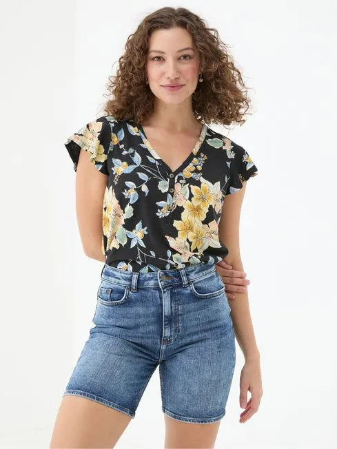 Women Fatface Tops and TShirts Henley Black Citrus Floral Frill Top