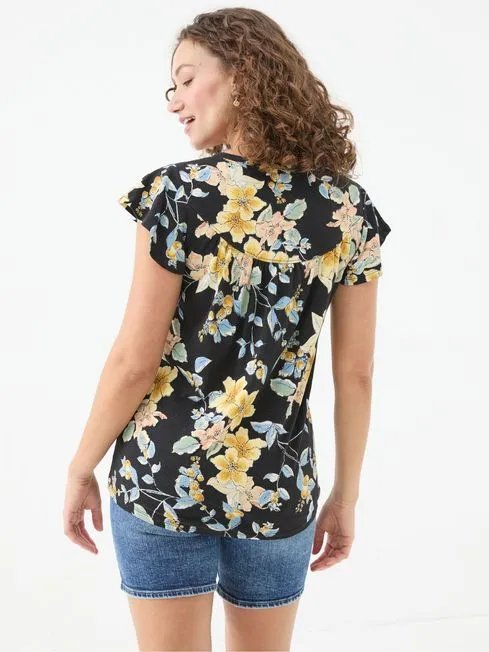 Women Fatface Tops and TShirts Henley Black Citrus Floral Frill Top