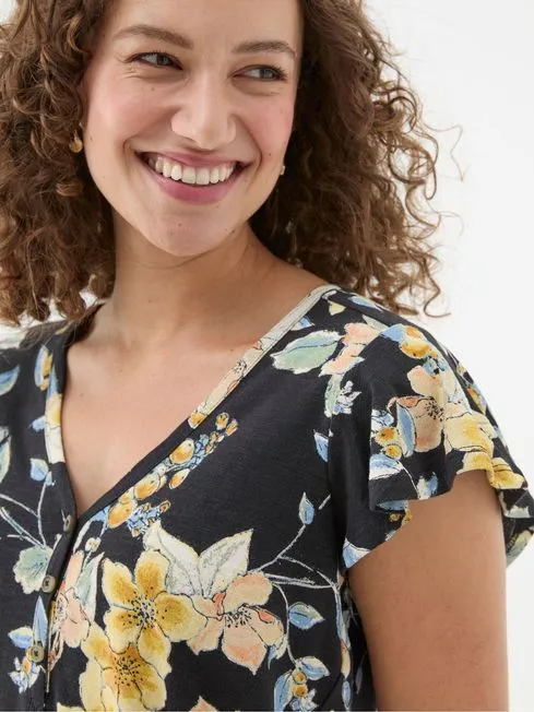 Women Fatface Tops and TShirts Henley Black Citrus Floral Frill Top