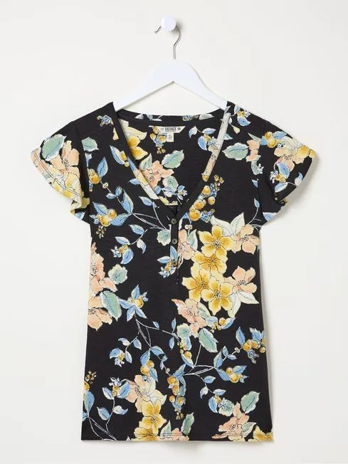 Women Fatface Tops and TShirts Henley Black Citrus Floral Frill Top