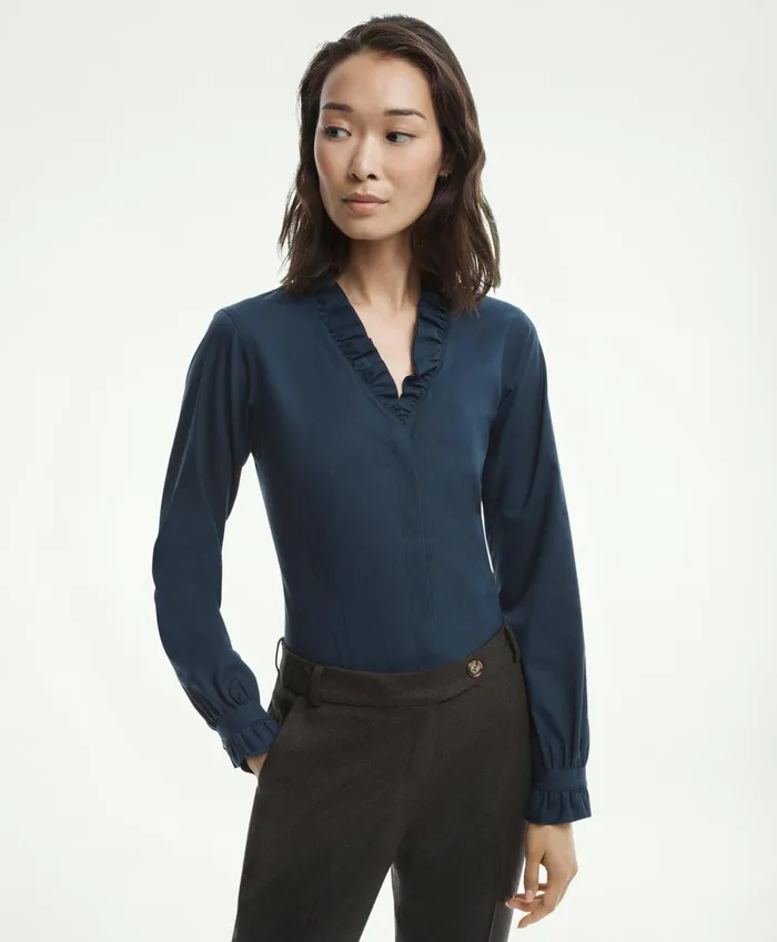 Women Fitted NonIron Stretch Supima Cotton Ruffle Dress Shirt Navy Brooks Brothers Blouses and Shirts
