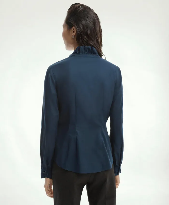 Women Fitted NonIron Stretch Supima Cotton Ruffle Dress Shirt Navy Brooks Brothers Blouses and Shirts