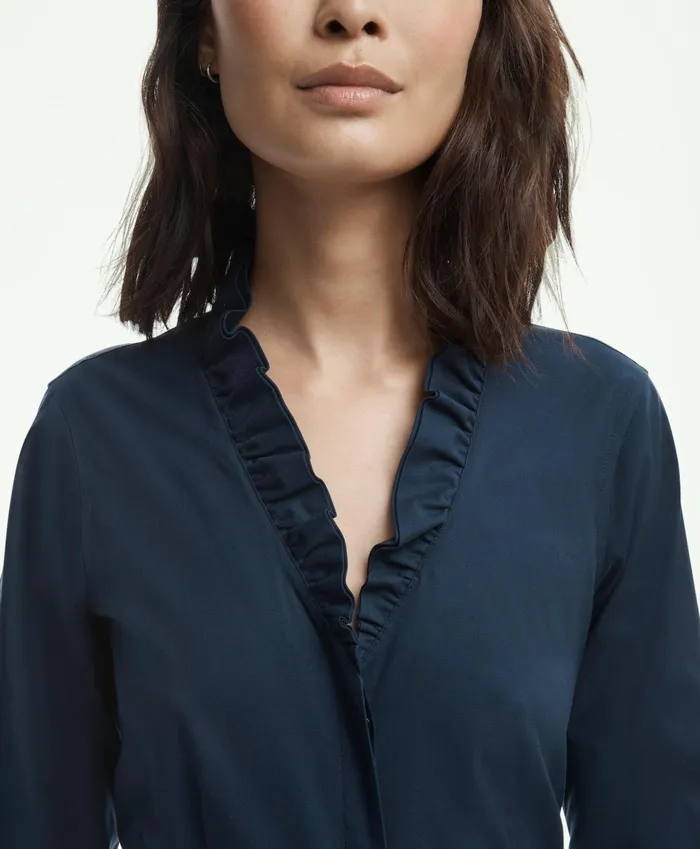 Women Fitted NonIron Stretch Supima Cotton Ruffle Dress Shirt Navy Brooks Brothers Blouses and Shirts