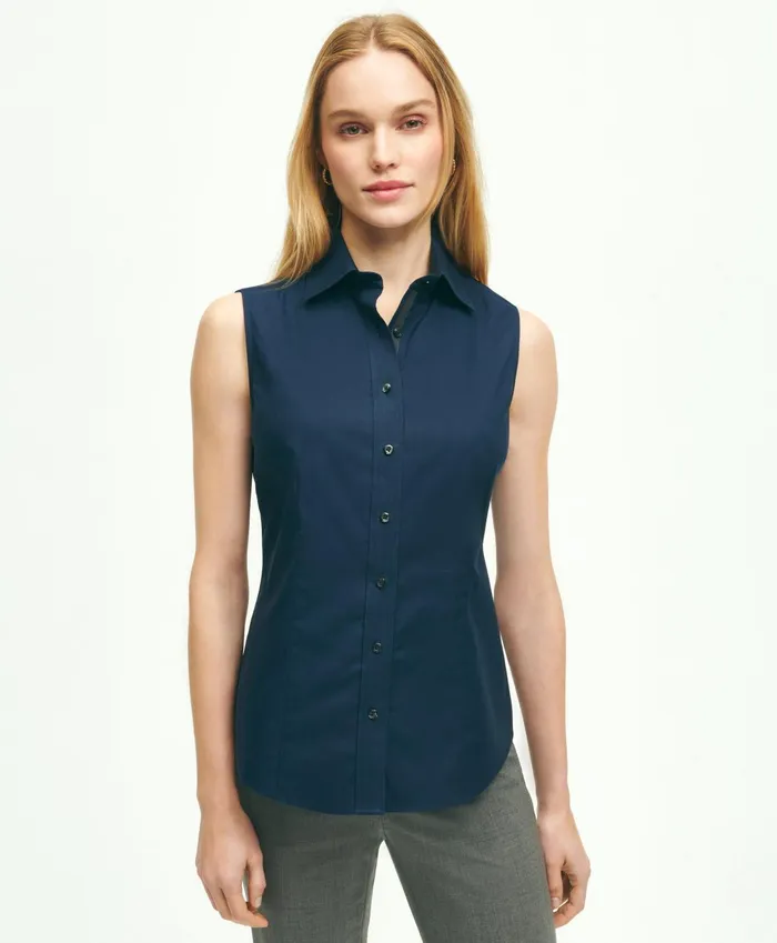 Women Fitted NonIron Stretch Supima Cotton Sleeveless Dress Shirt Navy Brooks Brothers Blouses and Shirts Women Fitted NonIron Stretch Supima Cotton Sleeveless Dress Shirt Navy Brooks Brothers Blouses and Shirts