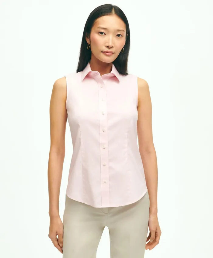 Women Fitted NonIron Stretch Supima Cotton Sleeveless Dress Shirt Pink Brooks Brothers Blouses and Shirts Women Fitted NonIron Stretch Supima Cotton Sleeveless Dress Shirt Pink Brooks Brothers Blouses and Shirts