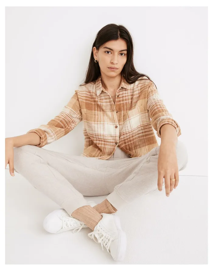 Women Flannel Sunday Shirt In Redell Plaid Earthen Sand Madewell Tops and Shirts