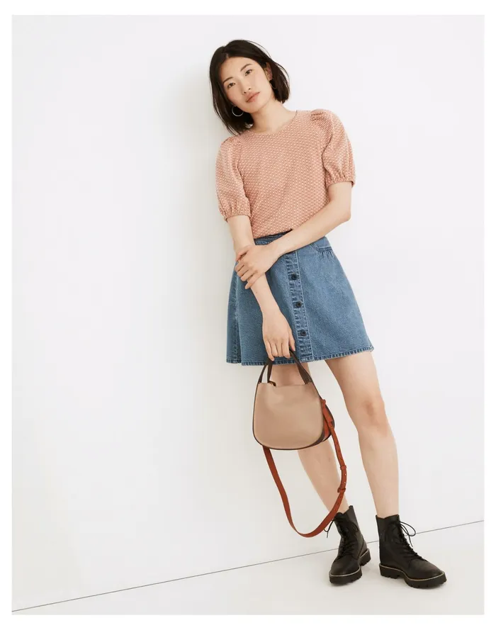 Women Floral Jacquard Puff Sleeve Tee Afterglow Red Madewell Tees