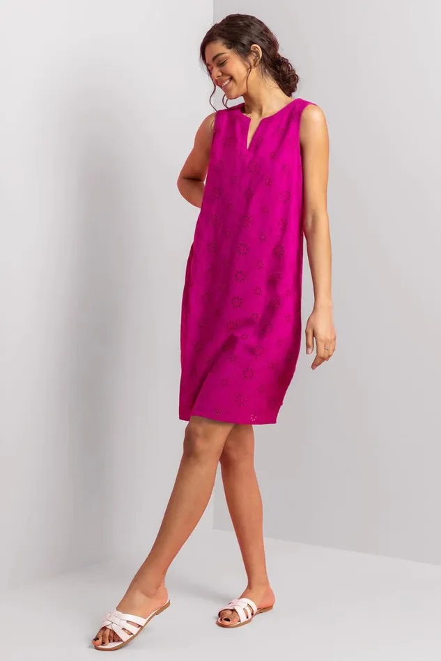 Women Fuchsia Broderie Detail Sleeveless Shift Dress Roman Dresses