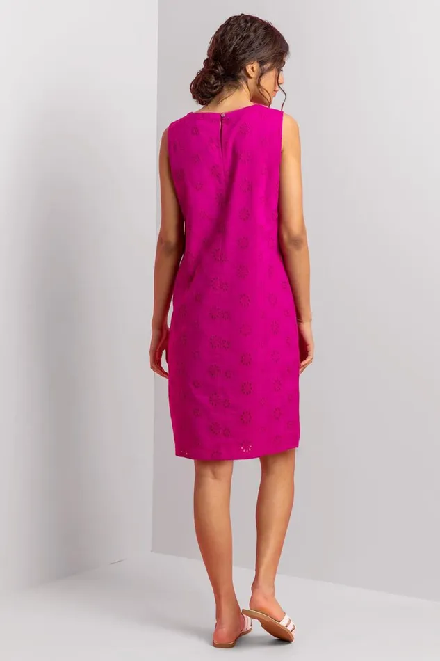 Women Fuchsia Broderie Detail Sleeveless Shift Dress Roman Dresses
