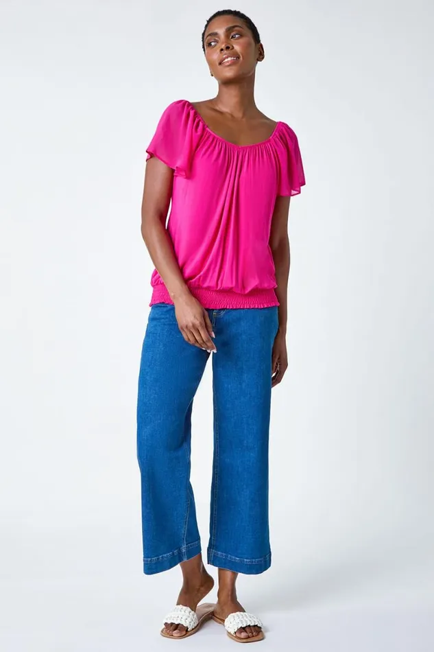 Women Fuchsia Chiffon Sleeve VNeck Stretch Jersey Top Roman Tops