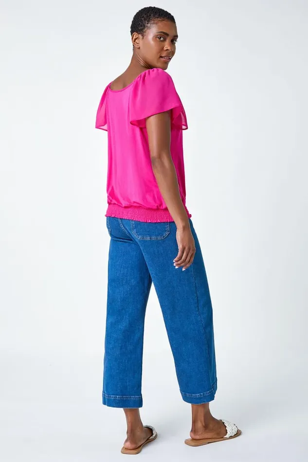 Women Fuchsia Chiffon Sleeve VNeck Stretch Jersey Top Roman Tops