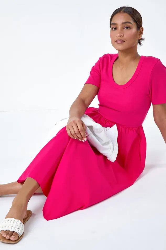 Women Fuchsia Cotton Stretch Jersey Mix Midi Dress Roman Dresses