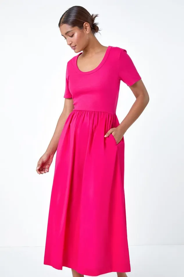 Women Fuchsia Cotton Stretch Jersey Mix Midi Dress Roman Dresses