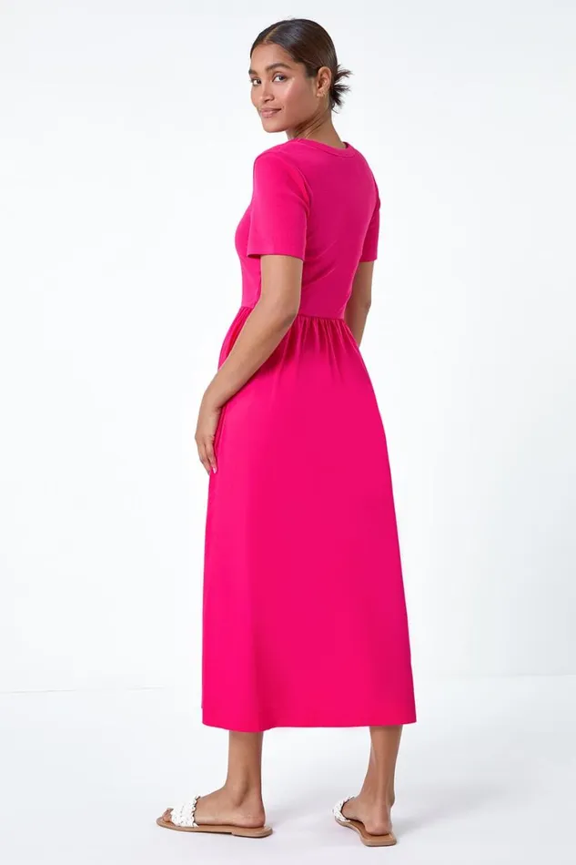 Women Fuchsia Cotton Stretch Jersey Mix Midi Dress Roman Dresses