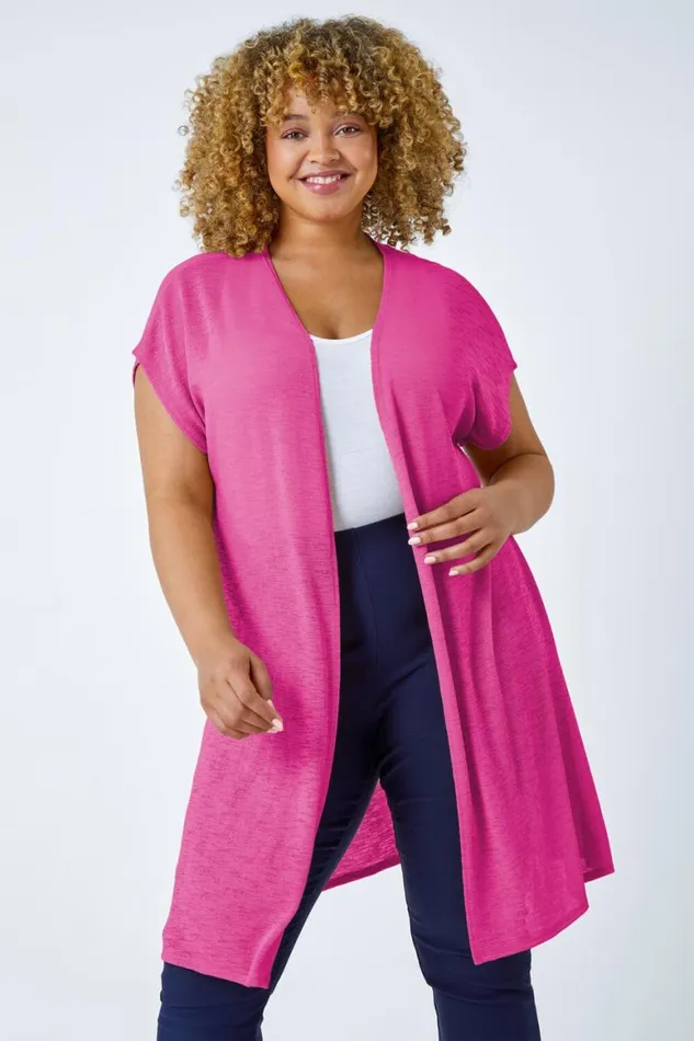 Women Fuchsia Curve Cap Sleeve Longline Cardigan Roman Tops