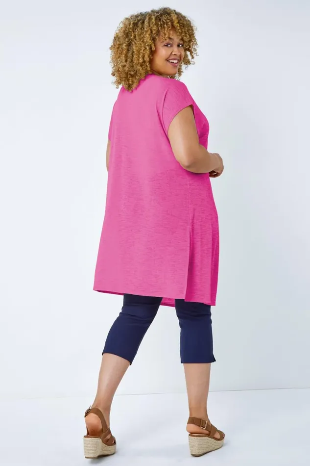 Women Fuchsia Curve Cap Sleeve Longline Cardigan Roman Tops